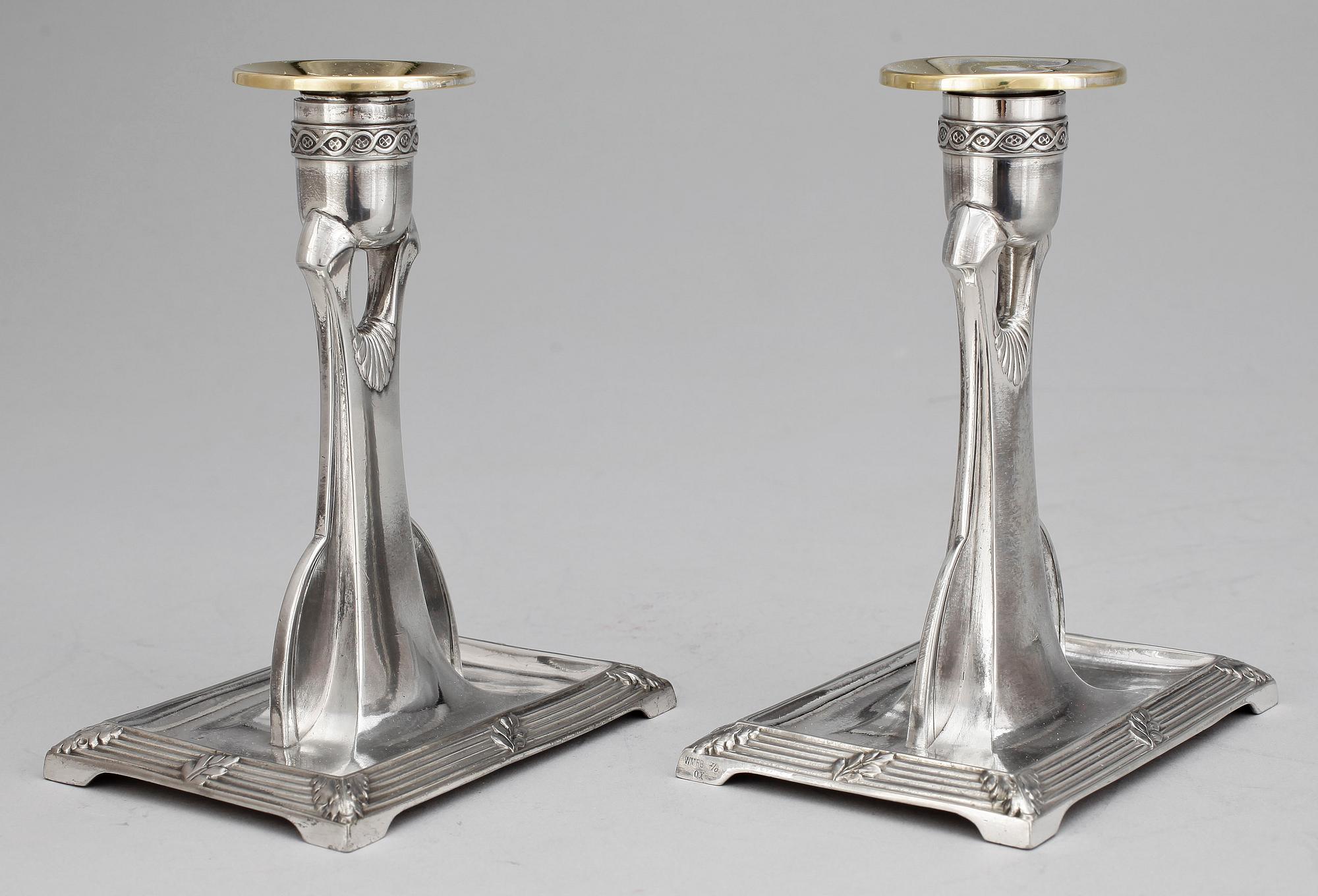 LJUSSTAKAR, 2 par, nysilver, Wurttembergische Metallwarenfabrik, jugend. Omkring 1900.