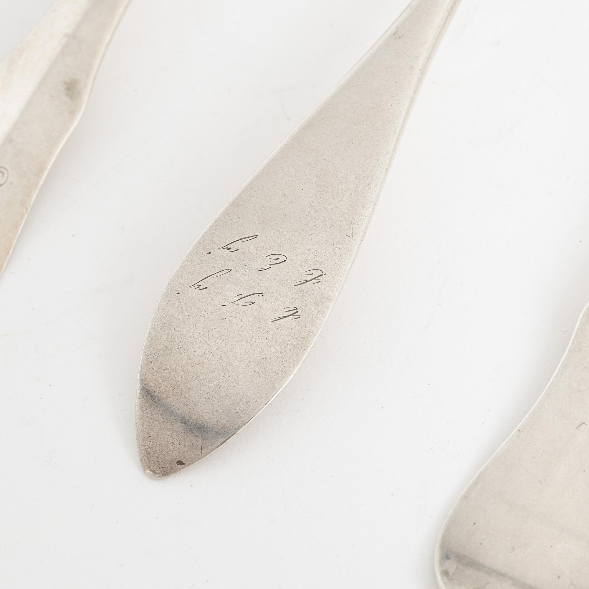 Skedar, 5 st, silver, bland annat Lars Biugg, Jönköping 1782.