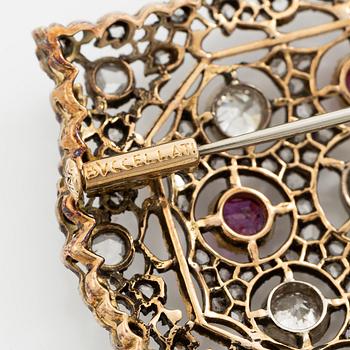 Buccellati brosch 14K guld och silver med gammal- och rosenslipade diamanter och rubiner.