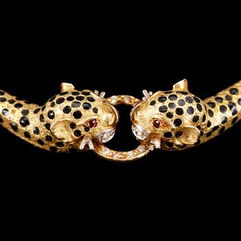 COLLIER, 18k guld med små diamanter och emalj. Vikt ca19g.