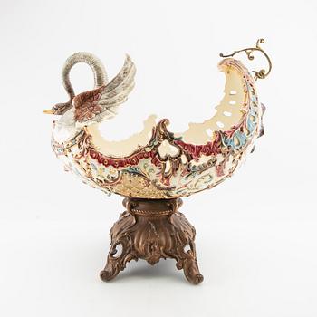 Jardinière/bowl on foot Neo-Rococo early 20th century majolica and metal.