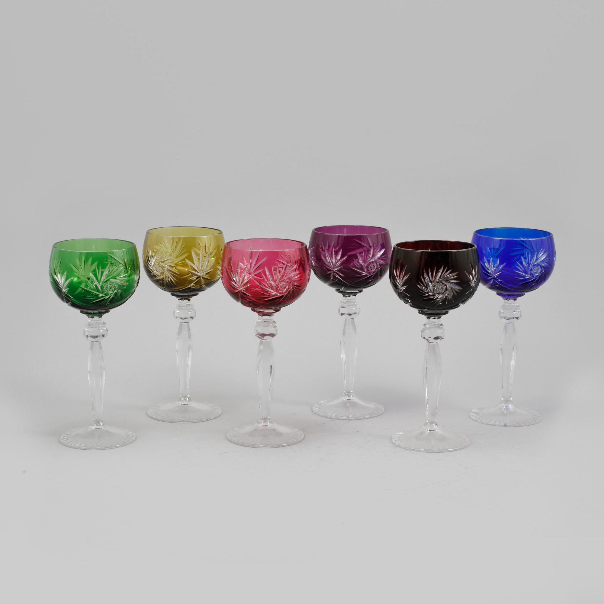 VINGLAS, 6 st, glas, Böhmisk typ, 1900-tal.
