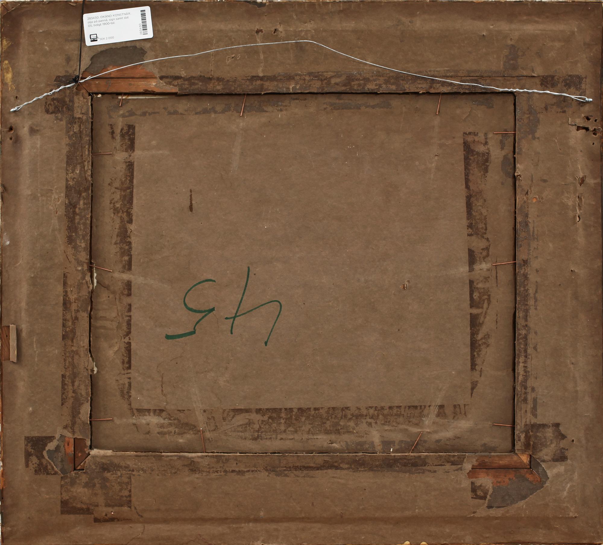 OKÄND KONSTNÄR, olja på pannå, otydligt sign samt dat 05, tidigt 1900-tal.