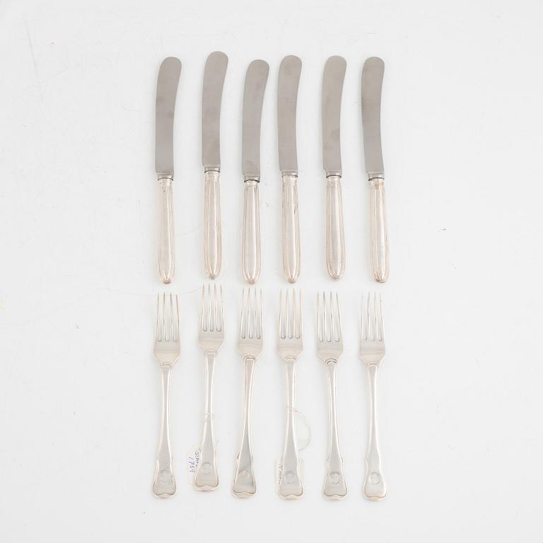 A set of six Swedish silver forks and six knives, including Johan Schröder, Landskrona 1759.