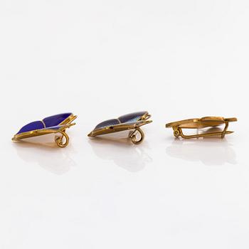 Broscher, 3 st, fjärilar, emalj, förgyllt silver, Tillander 1951-52.