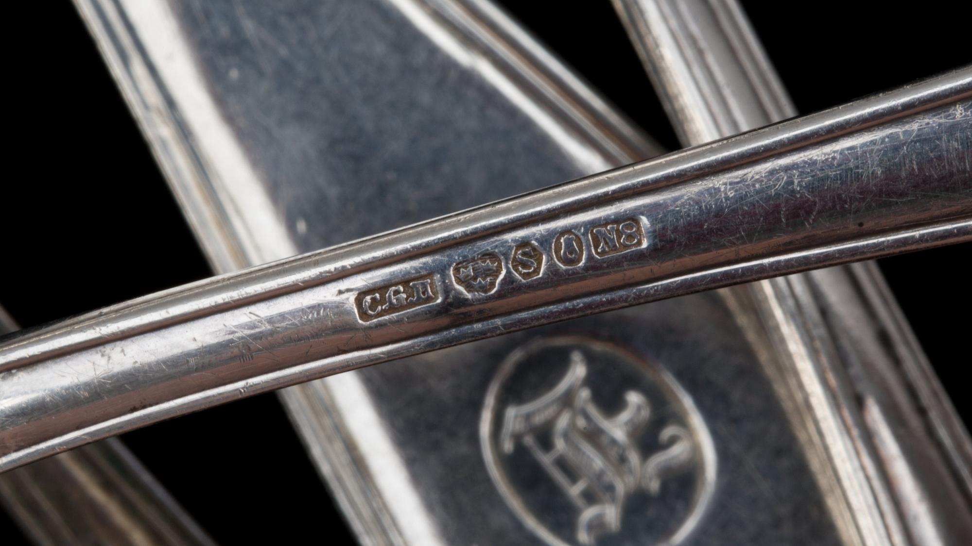 BESTICK, 40 delar, silver, Sverige 1920-tal, total vikt ca 1300g. Spetsig modell.