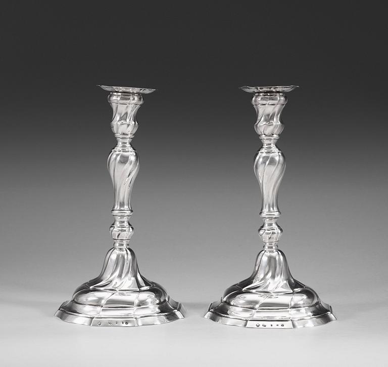 A pair of Belgian 18th century silver candlesticks, marked Gent 1774.