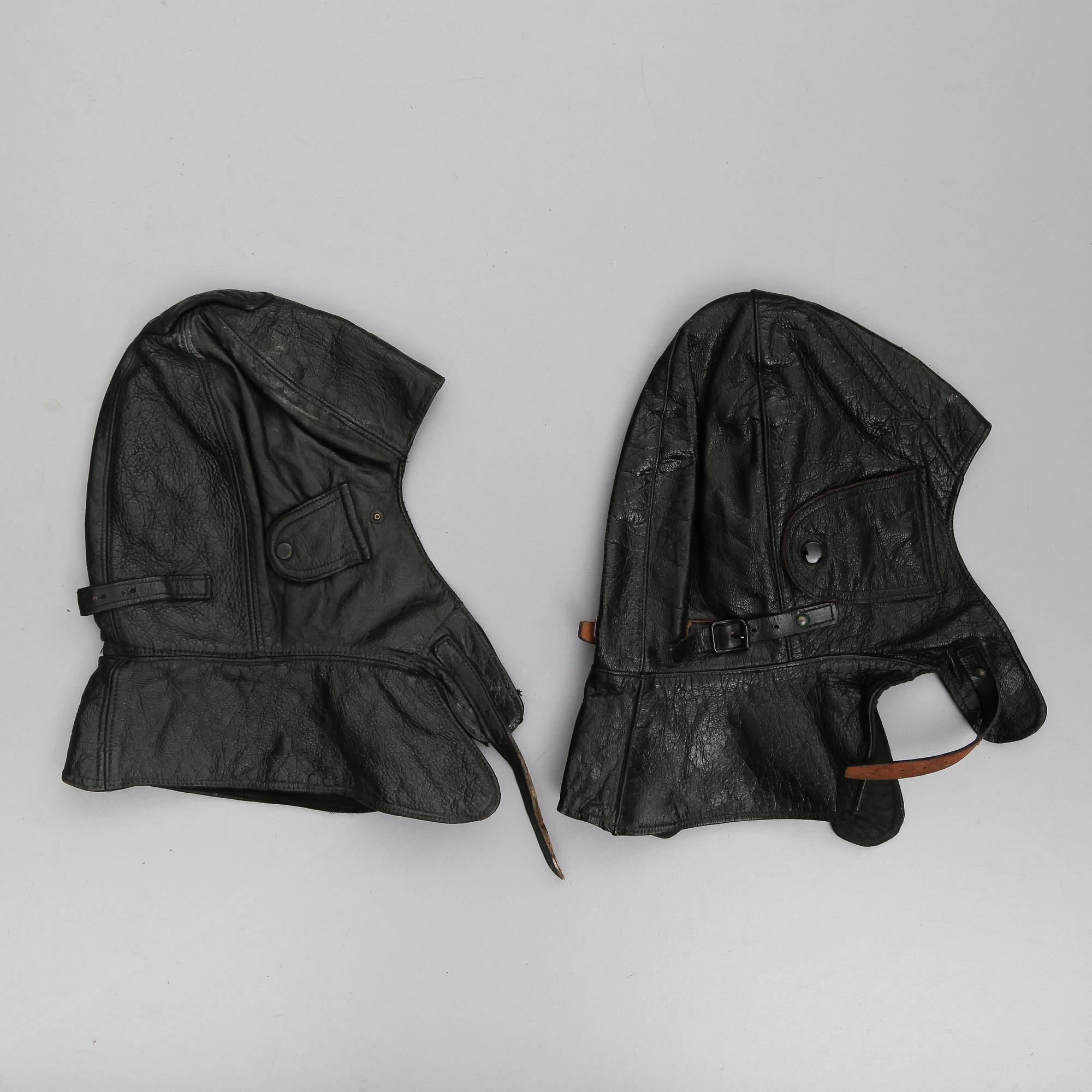 MOTORHUVOR, 2 st, läder, 1900-talets första hälft.