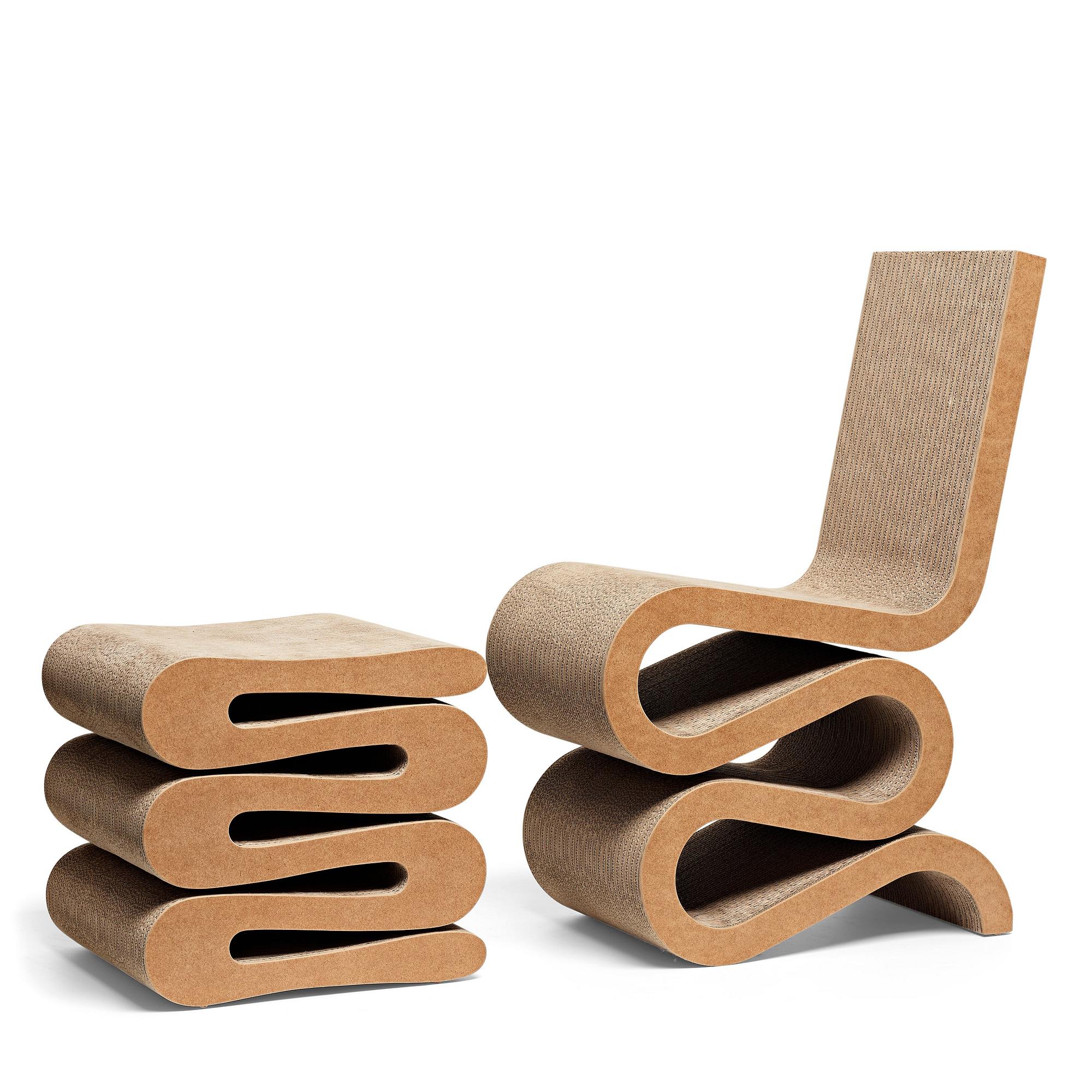 Frank Gehry, "Wiggle side chair & stool", Vitra, 21st century.