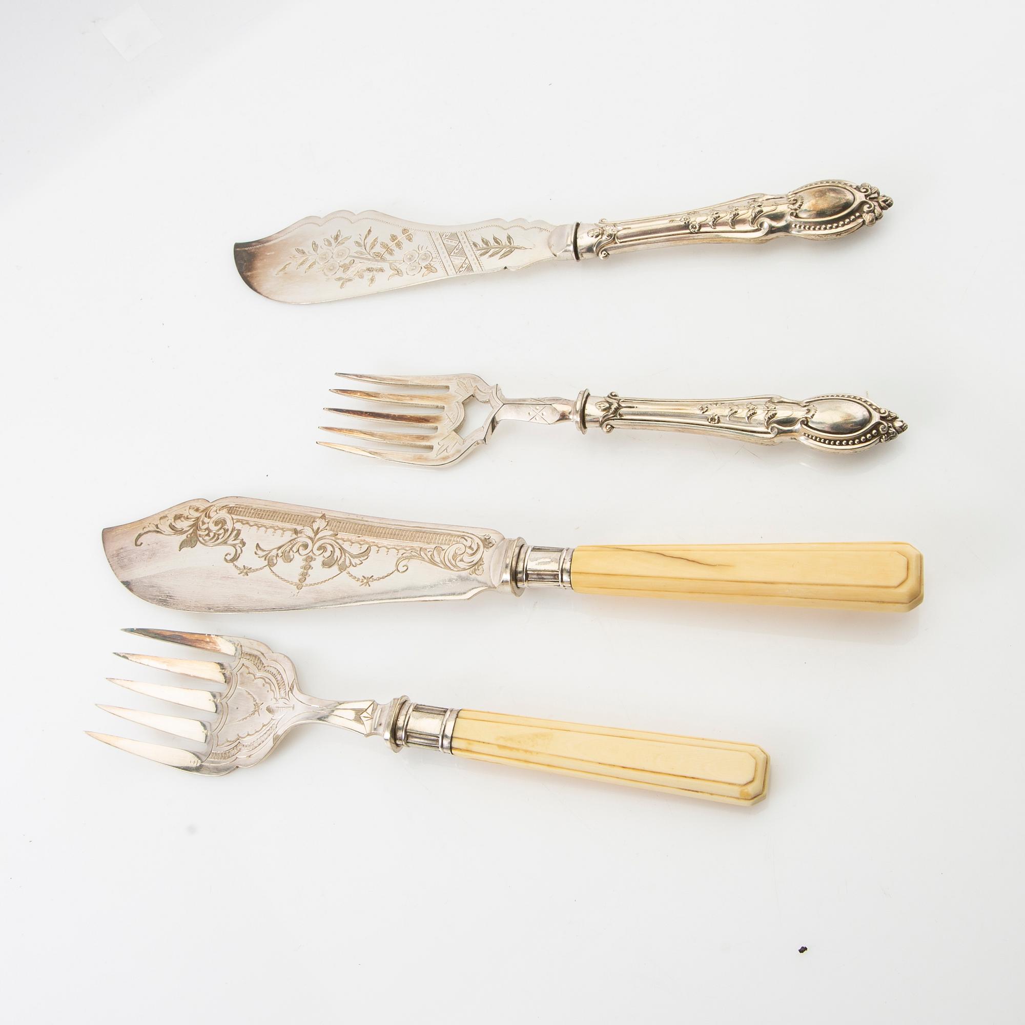 Serving utensils, 2 pairs of silver-plated around 1900.
