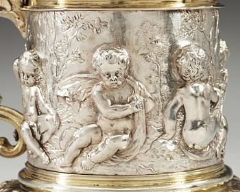 A German 17th century parcel-gilt tankard, makers mark of Johann Brockmer, Hamburg 1662-1685.