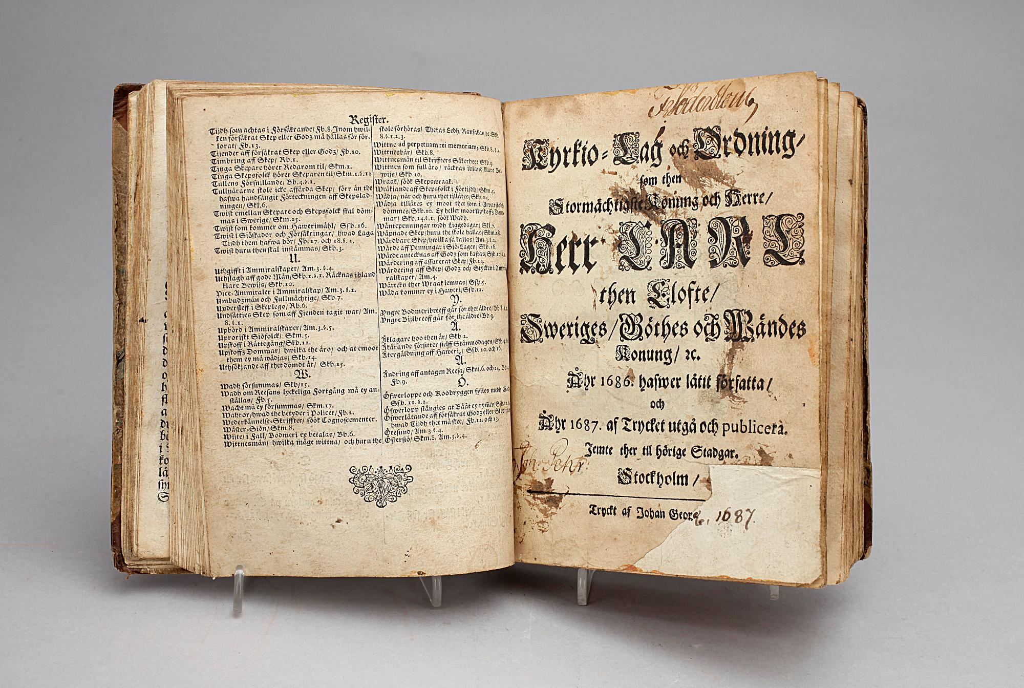 BÖCKER, 2 sambundna, "Sweriges Rijkes Siö-Lagh", Götheborg 1668 resp "Kyrkio-Lag och Ordning...", Stockholm 1687.