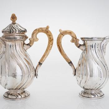 Te- och kaffeservis på bricka, silver, totalt 6 delar, silver, Tjeckoslovakien 1929-1941.