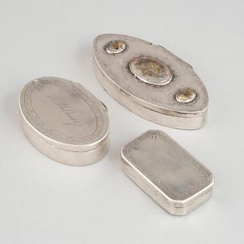 Three Swedish silver snuff boxes, 19th century.