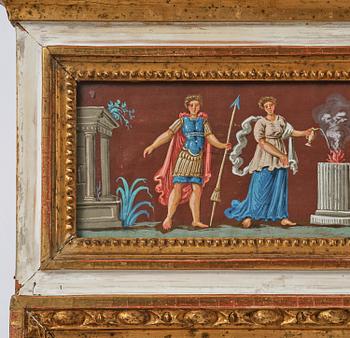 A pair of late Gustavian giltwood and gouache-inset mirrors, Stockholm, late 18th century.