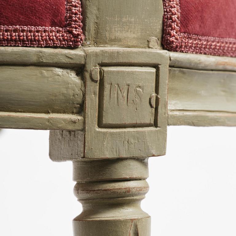 A Gustavian open armchair by J. Malmsten (master in Stockholm 1780-88).