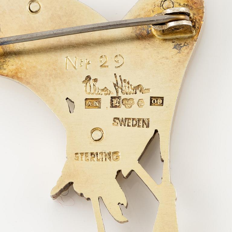 Wiwen Nilsson, brosch, sterlingsilver, i form av två fåglar, Lund 1964.