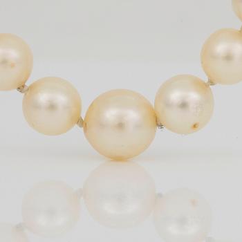 PÄRLCOLLIER, 2 st, odlade pärlor med lås i 14K guld och silver. Total vikt ca 22 g.