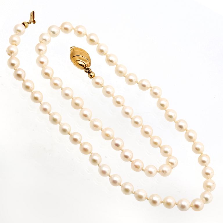 Pärlhalsband, odlade pärlor ca 6 mm, lås 18K guld, längd ca 50 cm.
