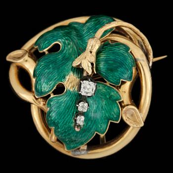 BROSCH, guld 18k, emalj, diamanter, Gustaf Adolf Cedergren, Stockholm 1852. Vikt ca 9,5 gram.