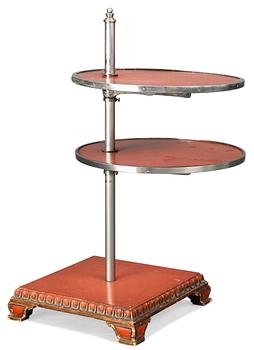 727. An Axel-Einar Hjorth  red lacquer table "Åbo"on a silverplated brass leg, Nordiska Kompaniet 1929-30.