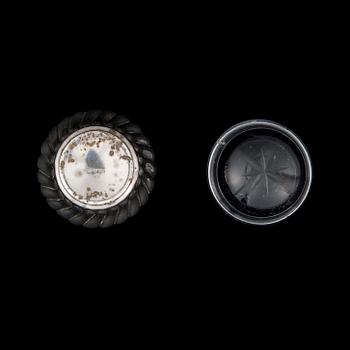 SALTKAR I ETUI, 6 kpl, nysilver och glas, WMFN, 1895-1903.