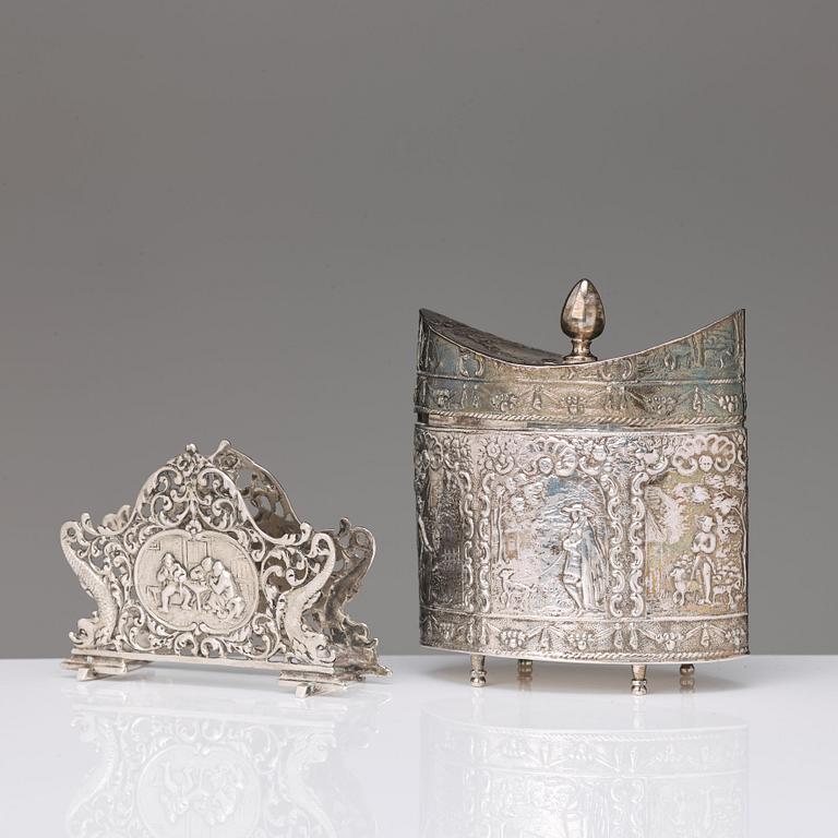 A Dutch late 19th century silver jar and napkin-holder. An ash-tray, Birmingham 1902.