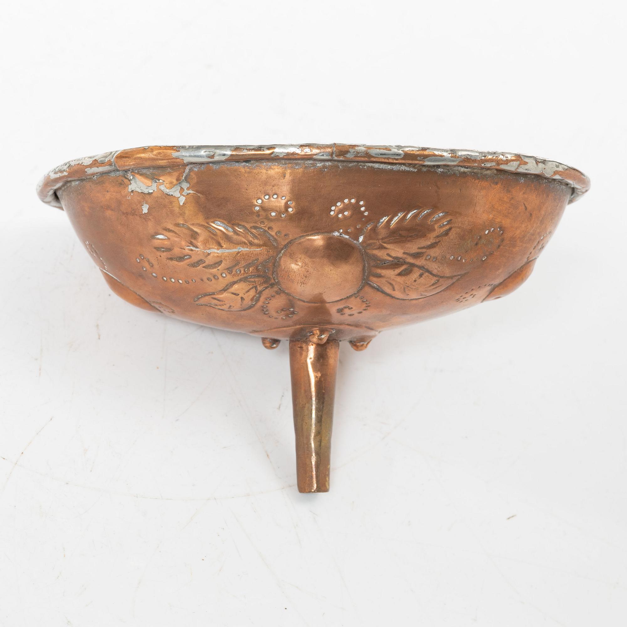 A Swedish copper cauldron and sieve, circa 1800.
