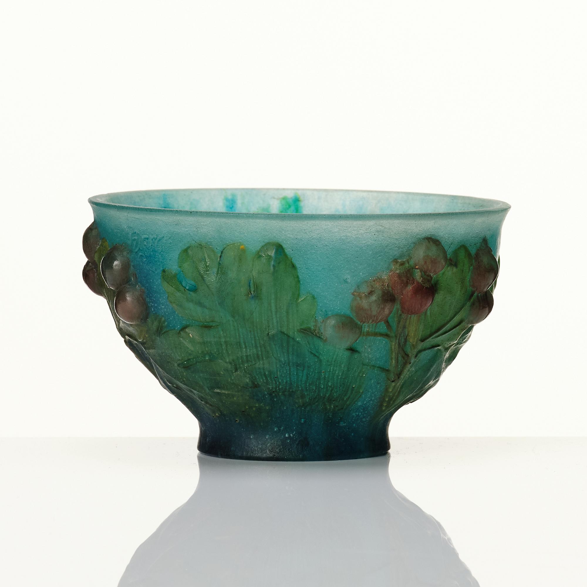 Amalric Walter & Henri Bergé, a pâte de verre bowl decorated with 'Sorbus intermeida' (latin), Nancy France 1920s.