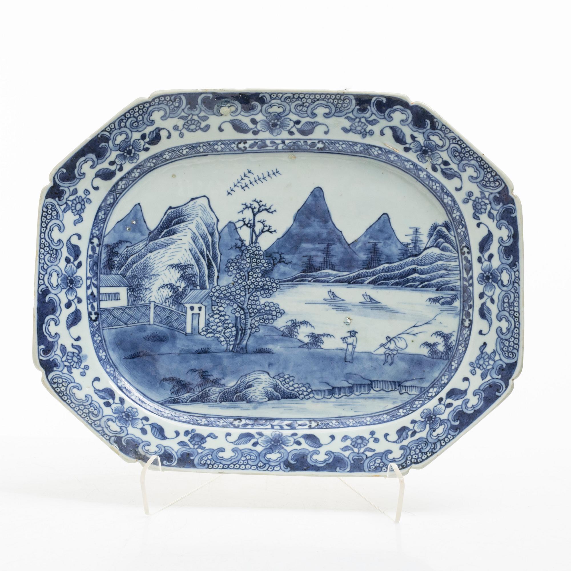 Three blue and white porcelain serving dishes, China, Qianlong (1736-95).