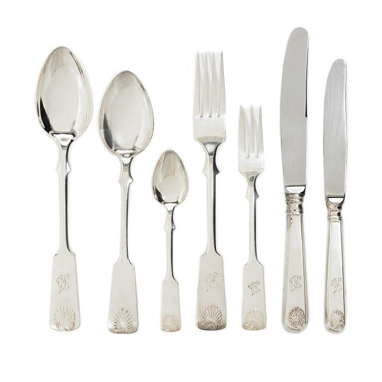 A Finnish silver cutlery set, “Musslan”, Finland, including mark of Kultakeskus, Hämeenlinna, 1974 (77 pieces).