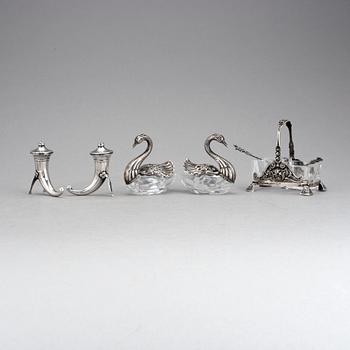 SALTKAR, 5 delar, silver och glas, 1900-tal.