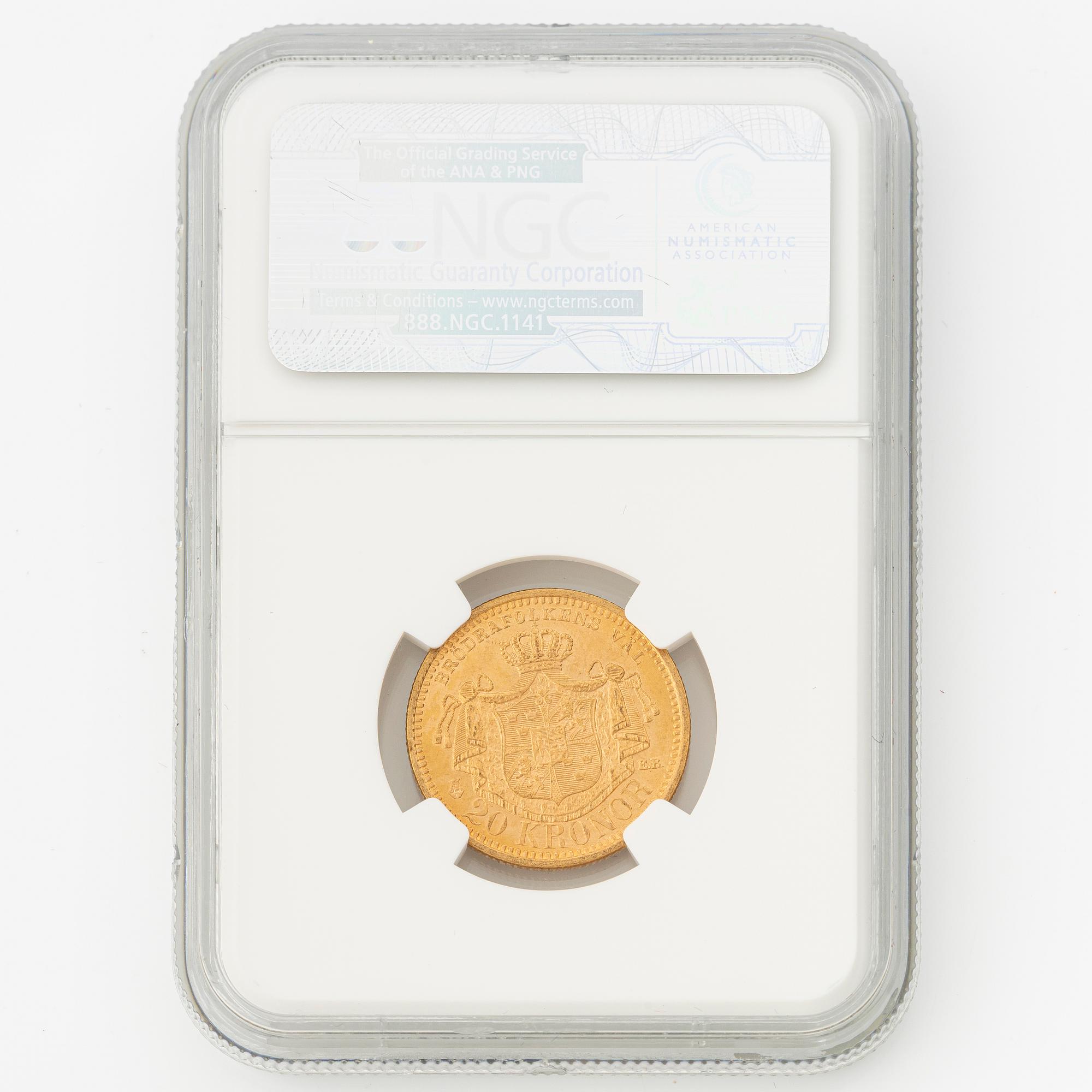 Guldmynt, Oscar II, 20 kronor, typ IV, Sverige 1902.