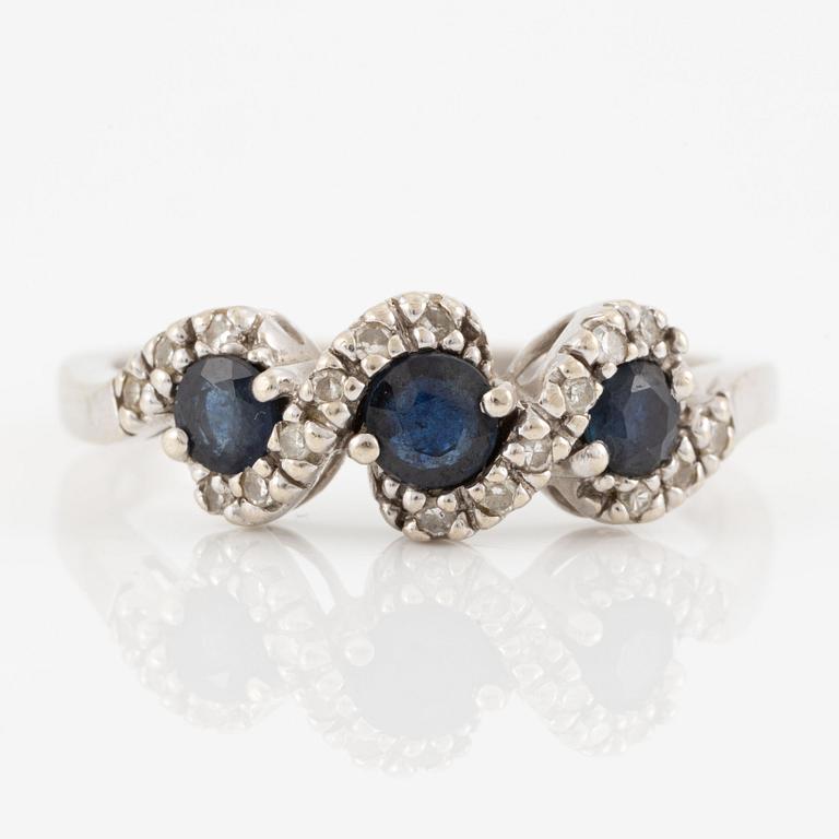 Ring, 14K white gold with sapphires and small eight-cut diamonds.