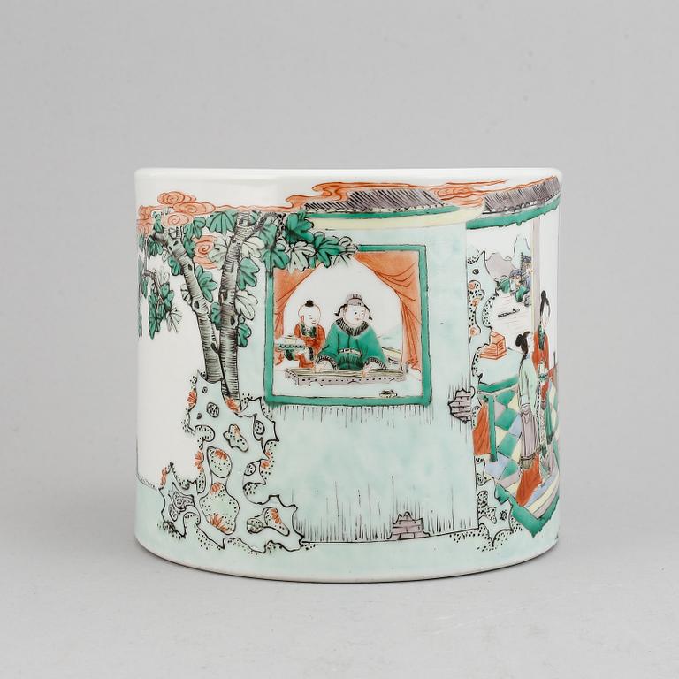 A Chinese famille verte porcelain brush pot, Kangxi style, 20th century.
