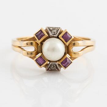 Gold, cultured pearl, rose cut diamond and ruby ring.