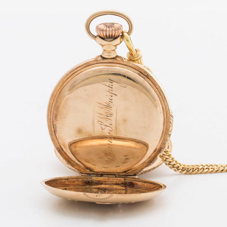 POCKET WATCH 14K gold Waltham and CHAIN 18K gold w 7 old-cut diamonds, 33 mm.