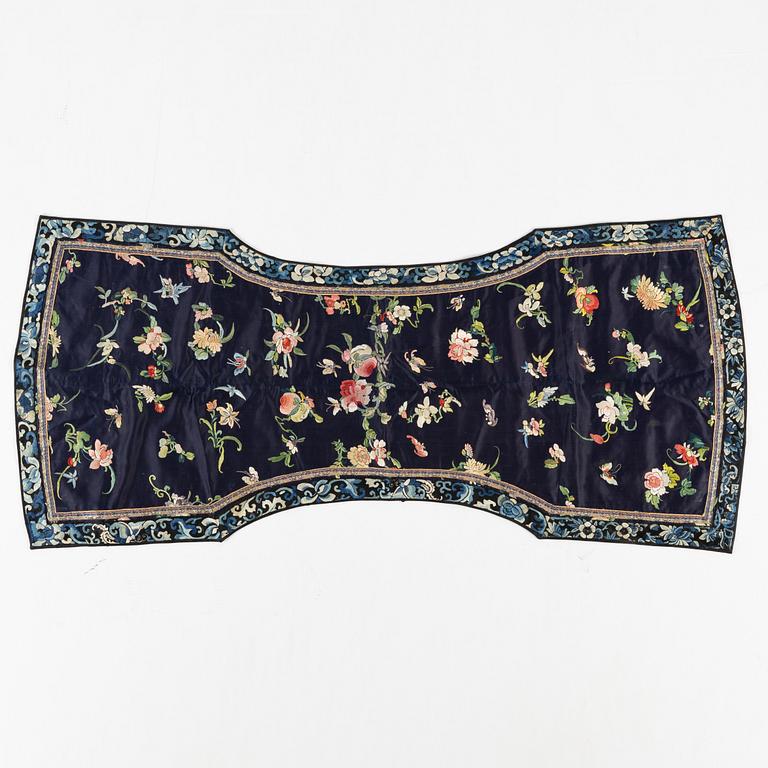 A collar a vest and two Chinese embroidered silk textiles, late Qing dynasty / early 20th century.