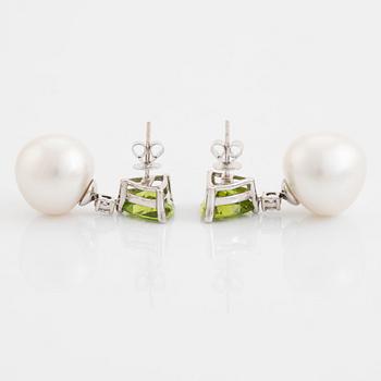 South sea pearl, peridot and brilliant cut diamond earrings.