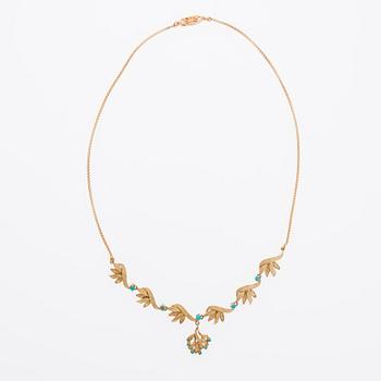 COLLIER och ÖRHÄNGEN, 14K guld, cabochonslipade turkoser. Hugo Grün, Helsingfors 1966.