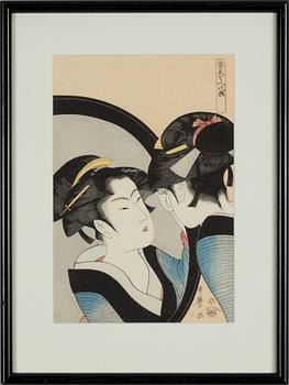 Kitagawa Utamaro, after, a woodblock print in colours, later part of teh 20th Century.