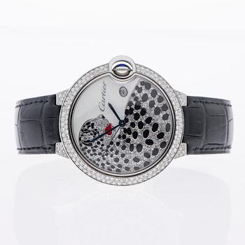 WRISTWATCH, Cartier Ballon Bleu Automatic, steel, mother of pearl dialer, diamonds and enamelling. Original box.