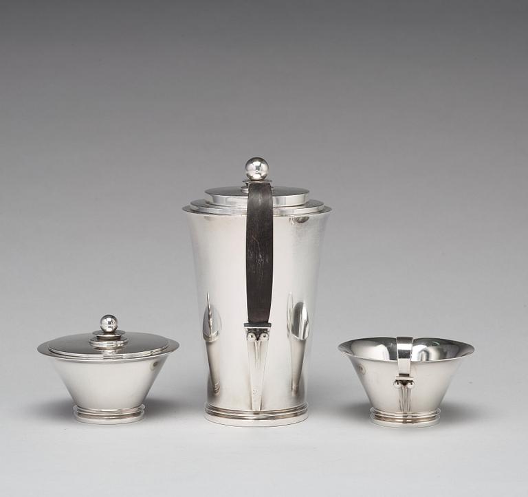 Harald Nielsen, a "Pyramid" sterling three pieces coffee service, Georg Jensen, Copenhagen 1933-44, designnr 600A,