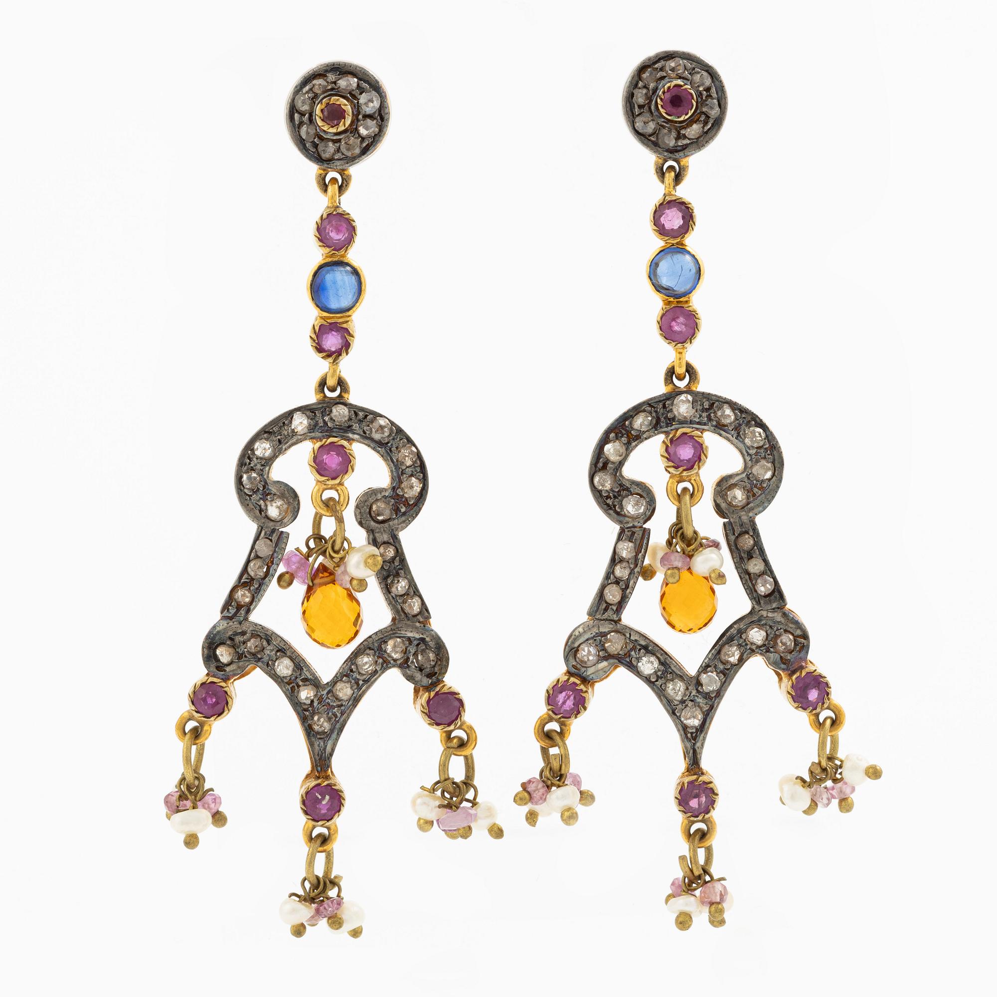 Earrings, a pair, gilded silver set with rubies, sapphires, citrine, seed pearls, and rose-cut diamonds.