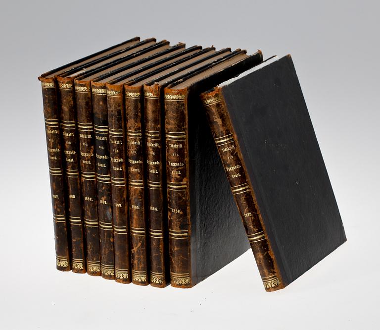 BOKVERK, 9 vol, "Tidskrift för Byggnadskonst och Ingeniörsvetenskap" av G. Nerman & EV Langlet. 1859-1869.