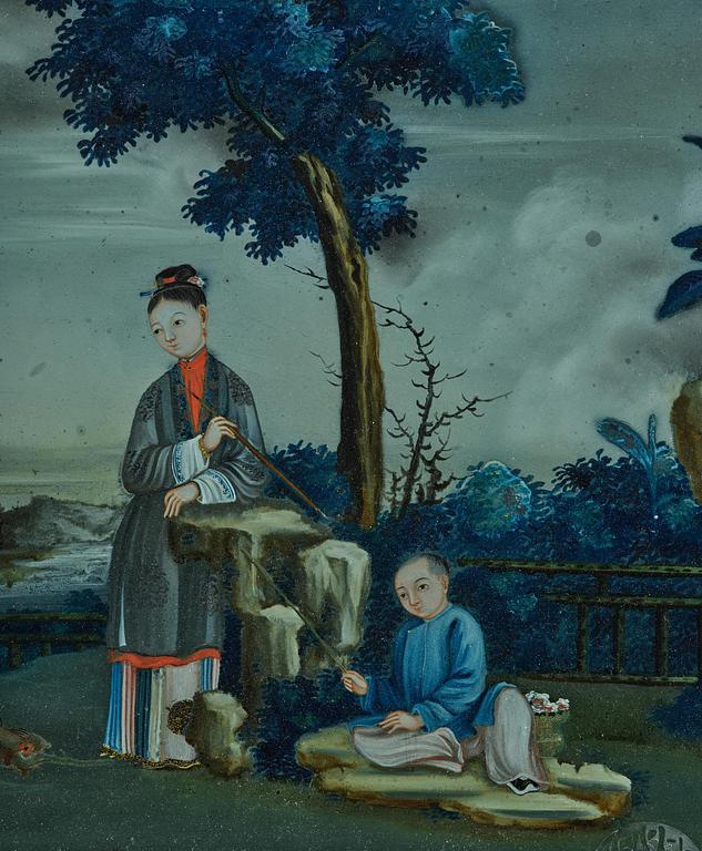 A Chinese reverse glass painting, Qing dynasty, 18th century.