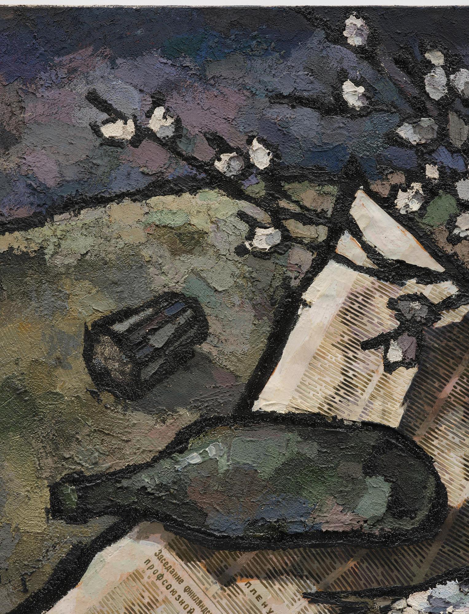 Oskar Rabin, Still life with fish, vodka bottle, banknote and newspaper.