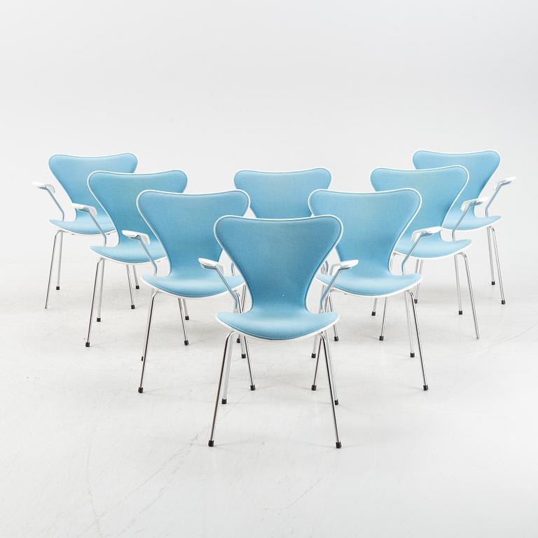 Arne Jacobsen, karmstolar, 8 st, "Sjuan", Fritz Hansen, Danmark, daterade 2001.