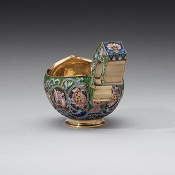 A Russian 19th century silver-gilt and enamle kovsh, marks of Ivan Chlebnikow, Moscow 1880's. Imperrial Warrant.