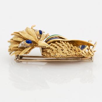 Brosch 18K guld med emaljdekor och åttkantslipade diamanter.